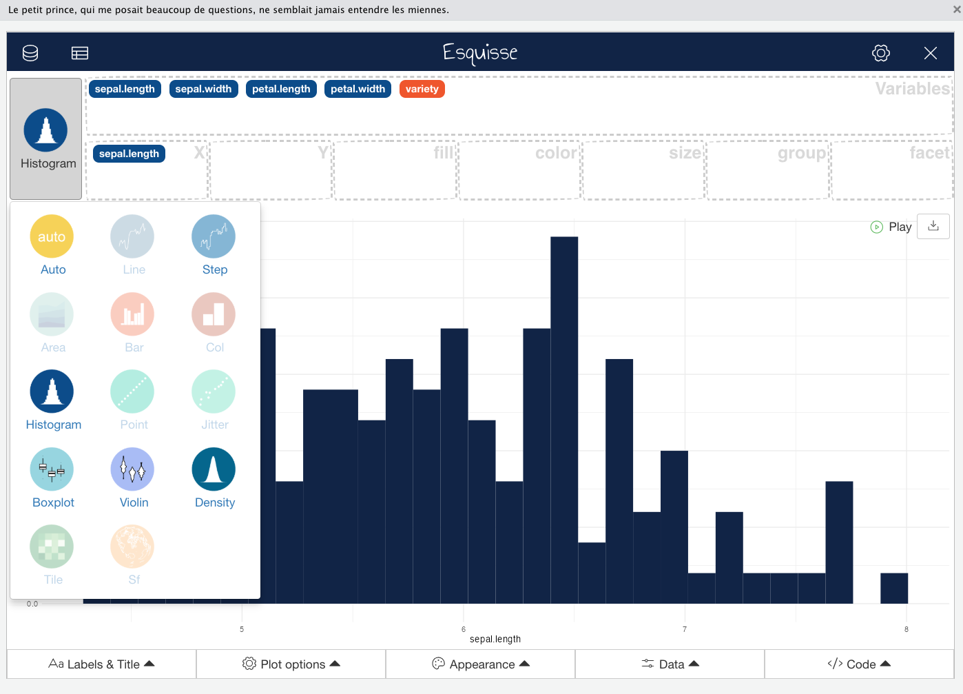 Possible chart types for one variable data visualizations from R Esquisse